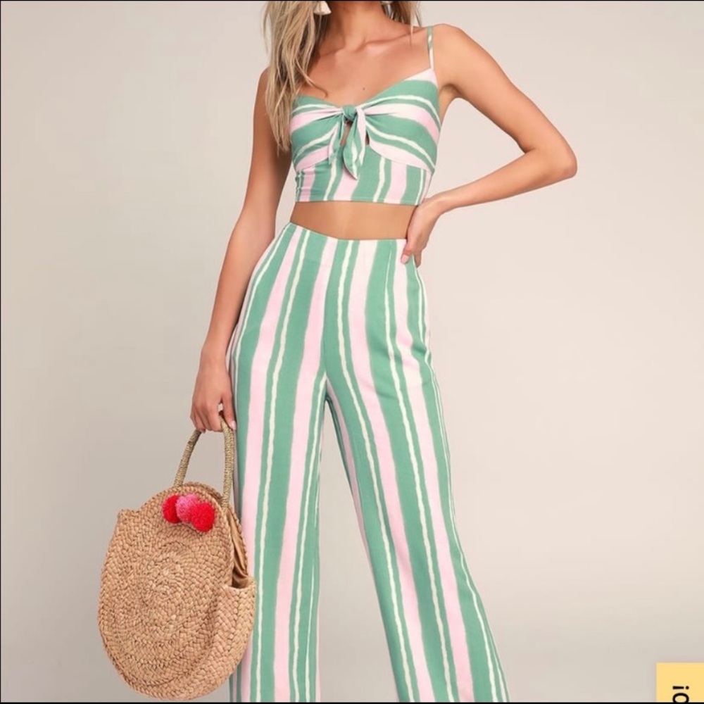 Lulu’s green & pink striped two piece jumpsuit set
